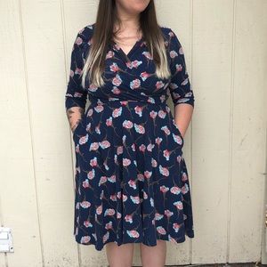 Retro style blue floral flare swing dress
